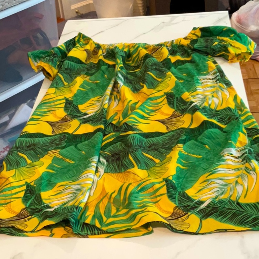 Shein tropical yellow ruffle and green rayon mini dress, medium